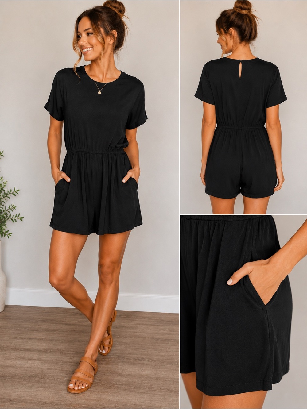 Lou & Grey Black Short-Sleeve Elastic-Waist Romper with Pockets
